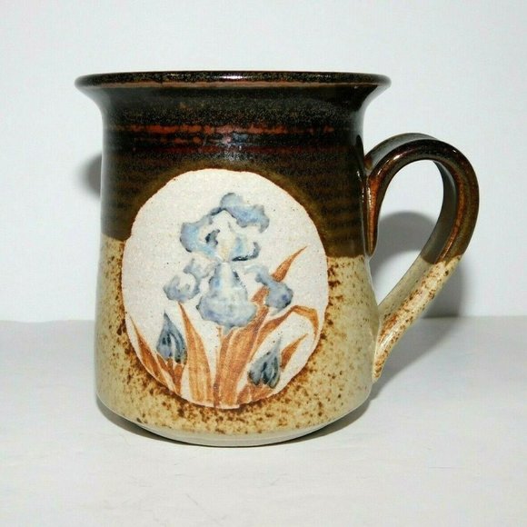 VTG Studio Pottery Blue IRIS Brown Hand Thrown Coffee Mug - Picture 1 of 8